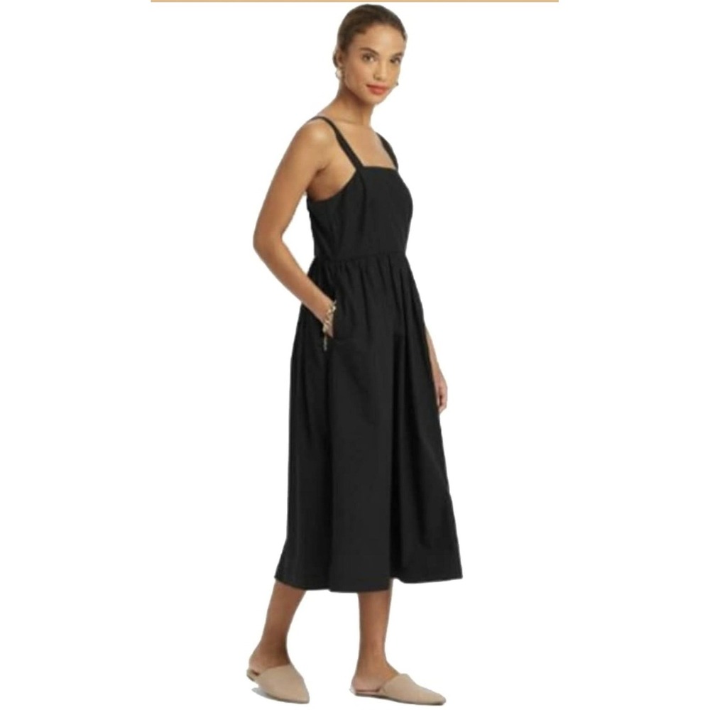 A New Day Dress Womens L Black Square Neck Smocked Midi Sundress Pockets Cotton - Picture 2 of 15